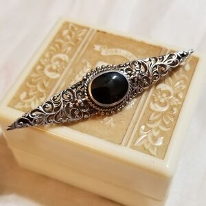 Antique 1930s Sterling Filigree Onyx Bar Brooch